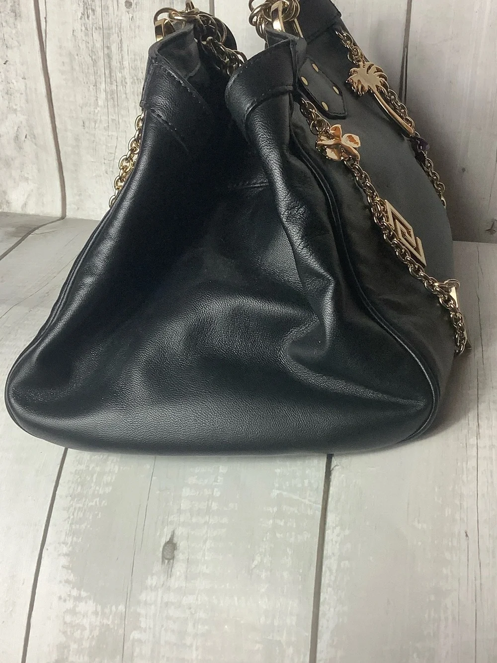 Versace for H&M Black Leather Shoulder Bag with Gold Chain and Charm Accents